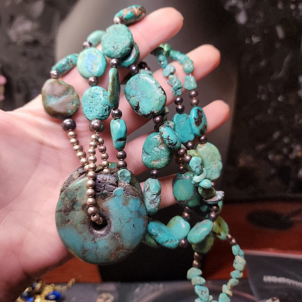 Hubei Turquoise Nugget Lariat Wrap Necklace Sterling Silver Desert Pearls - Picture 6 of 9